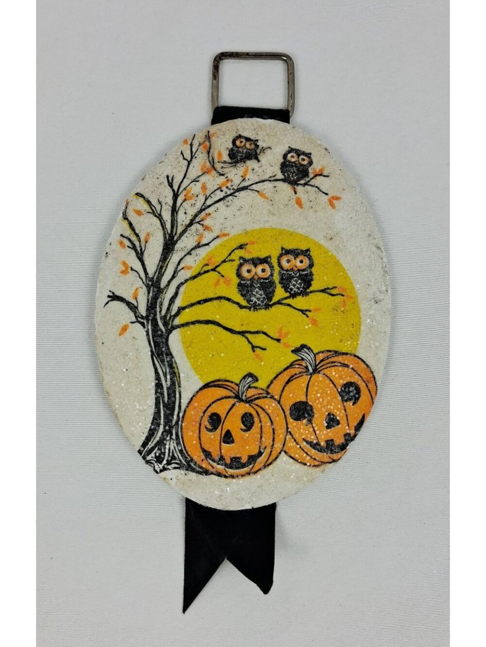 VTG Spooky Halloween Sugar Frosted 9" Chalkware Decoupage Decoration Owls & Pump